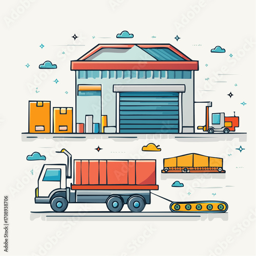 Logistics and Transportation of Goods A Warehouse with Trucks and Shipping Containers