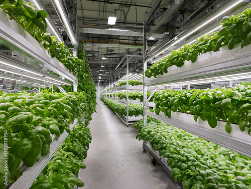 Indoor vertical farm with rows of green leafy plants growing under artificial lights in modern controlled environment