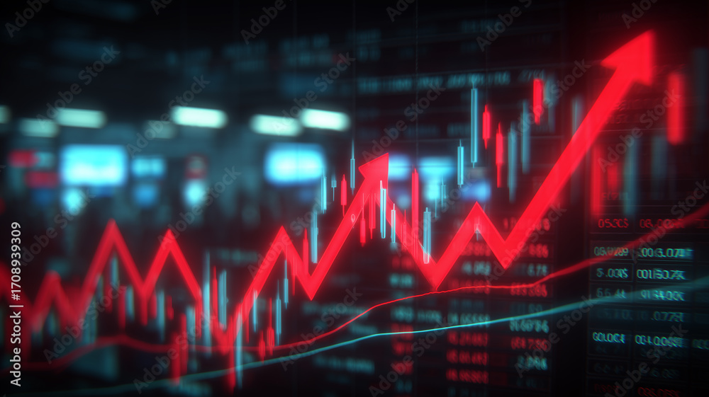 Obraz premium Rising arrow over a trading board, depicting bullish momentum market rally price action financial speculation and stock market growth amid volatility 