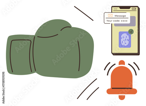 Green boxing glove, phone with fingerprint and code authentication, and ringing bell highlight cyber security, alerts, safety measures, notifications, privacy, risk prevention and protection. A