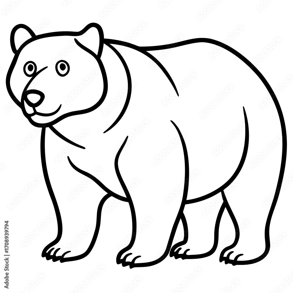 Naklejka premium A simple black and white line drawing of a bear standing and looking forward isolated on white background silhouette