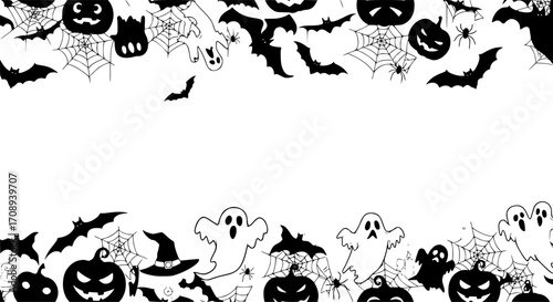 Happy Halloween seamless banner or border with black bats, spider web, ghost and pumpkins. Vector illustration party invitation white background
