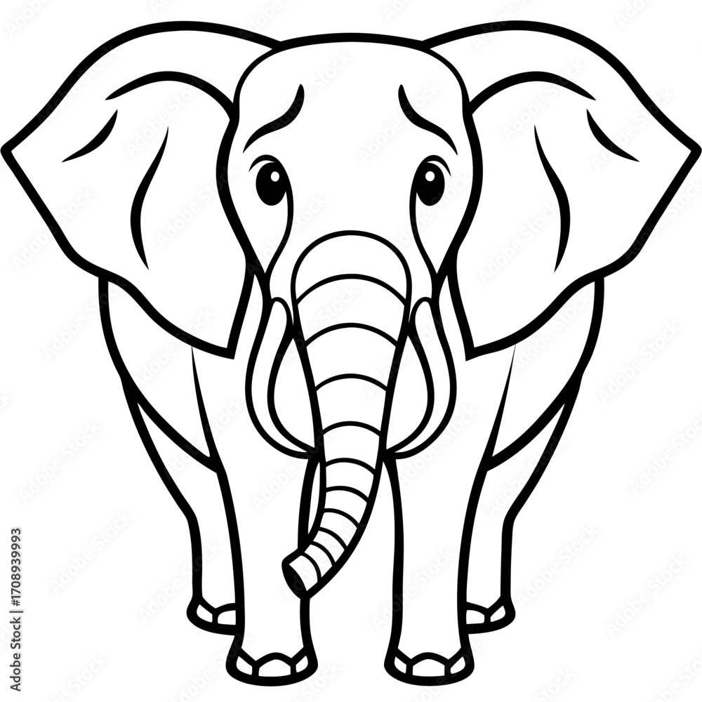 Naklejka premium Cute cartoon elephant with large ears and trunk standing facing forward silhouette isolated on white background
