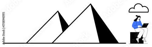 Woman on laptop seated near large pyramids under a simple cloud. Ideal for themes of remote work, travel, digital nomad lifestyle, minimalism, technology, wonder, or flat metaphor