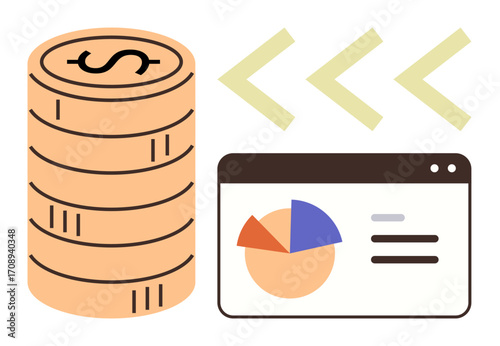 Stacked coins symbolizing money next to a data dashboard with a pie chart and arrows indicating progress. Ideal for finance, analytics, success, investment, economy, profit, management. Simple flat