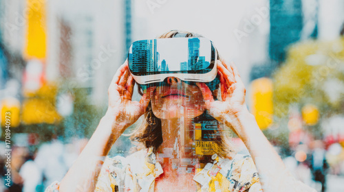 teenager engaging with augmented reality game in urban setting surrounded by ultrabright colorful backdrop