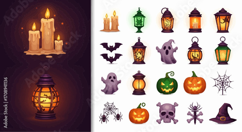 Halloween icon spooky halloween vector art collection featuring lanterns candles pumpkins ghosts bats and witchy elements vector