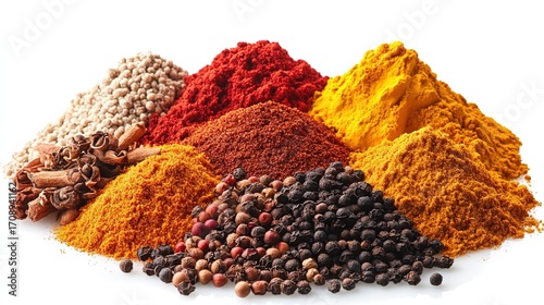Assorted Spices in Piles on White Background for Culinary Use