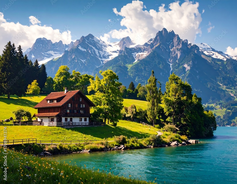 Fototapeta premium Alpine chalet by a serene lake under a vibrant sky
