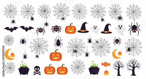 Halloween icon halloween vector illustration with pumpkins bats spiders ghosts witch hat cauldron and spiderwebs design set vector