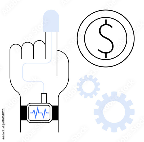 Hand wearing a smartwatch with heartbeat tracking, finger sensor, coin with dollar sign, and gears. Ideal for health monitoring, wearable tech, finance, productivity, innovation digital solutions