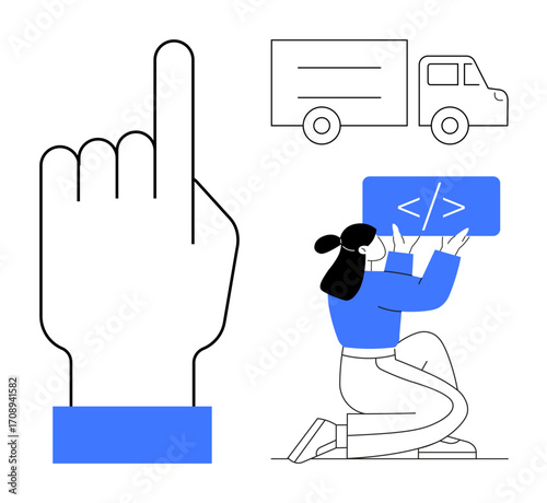 Woman holding code sign while kneeling, truck illustration, and hand point gesture. Ideal for technology, coding, logistic solutions, innovation, teamwork, digital tools simple landing page