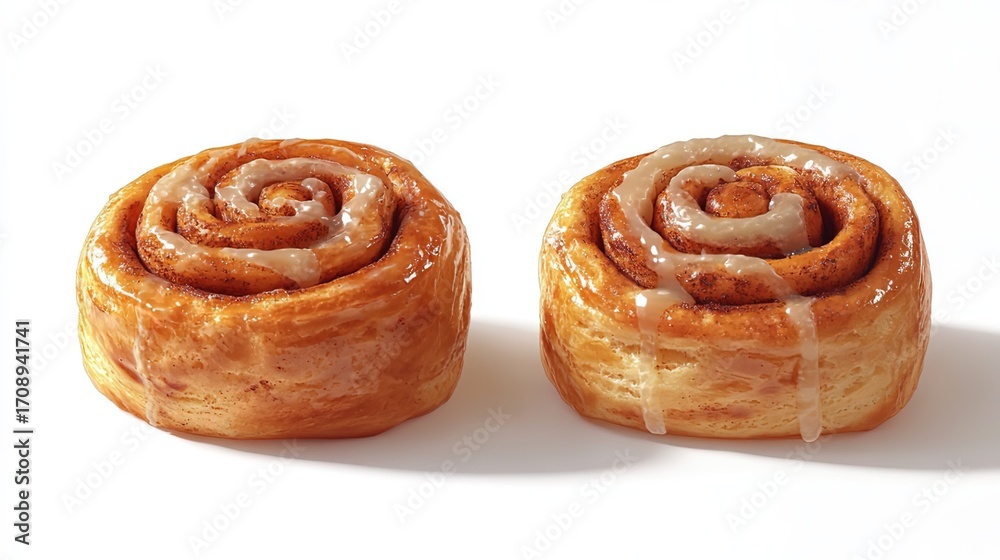 Fototapeta premium Two Delicious Glazed Cinnamon Rolls on White Background