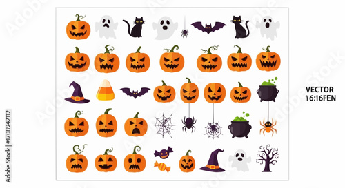 Halloween icon halloween vector art with pumpkin jack o lanterns ghosts bats spiders witch hat and candy corn elements design vector