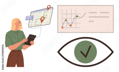 Person using tablet, map with location pins, engagement graph, green check in eye. Ideal for data tracking, navigation, analytics, decision-making monitoring business tech. Simple flat metaphor