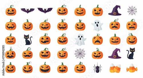 Halloween icon halloween vector illustration set with pumpkins bats ghosts cats spider candy witch hat and web designs vector