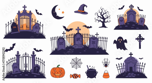 Halloween icon halloween graveyard scene vector illustration with tombstones bats ghost spider web pumpkin and spooky elements vector