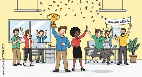 Diverse colleagues achieve a major milestone, celebrating their collective success with a championship cup in the office