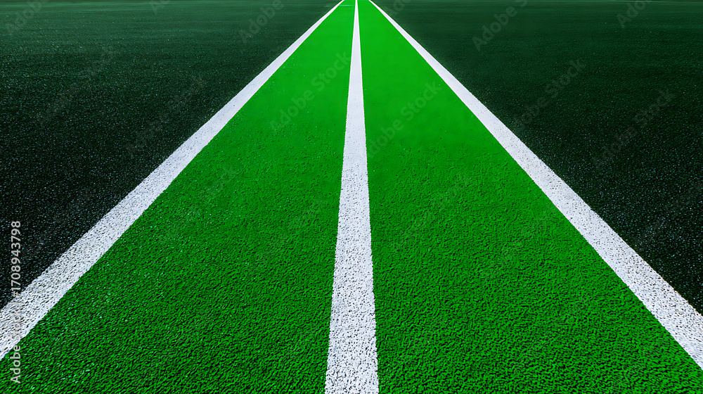 Obraz premium A close-up view of a green artificial turf field with white boundary lines converging into the distance
