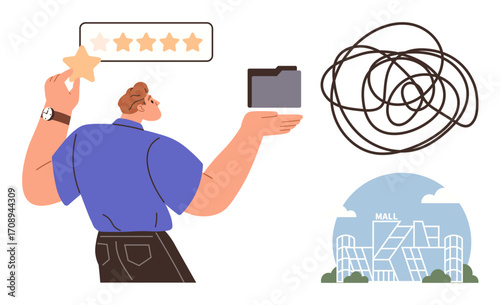 Person holding a star and folder, tangled scribbles, and a modern mall facade. Ideal for customer experience, organization, decision-making, retail strategy, creativity, problem-solving and clarity