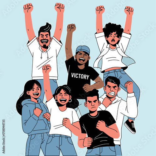 A powerful vector illustration of a diverse group of young people united together, raising their fists in protest and celebrating a victory