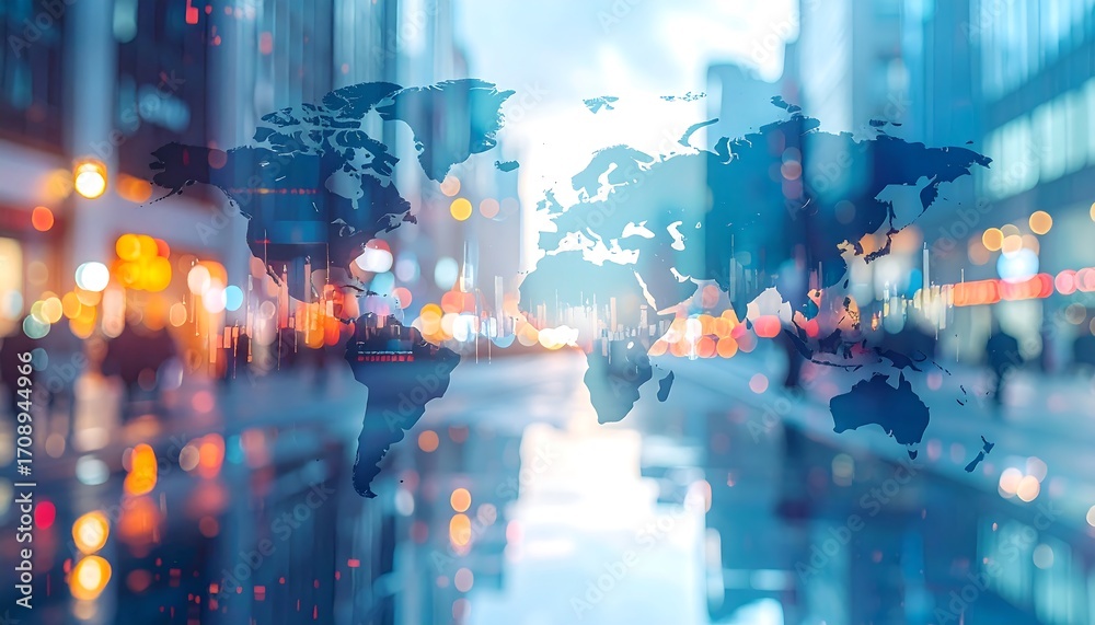 Fototapeta premium A world map overlayed on a blurred city street scene at dusk, reflecting lights
