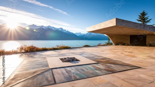 Wallpaper Mural Stunning modern architectural structure overlooks serene lake and snow-capped mountains. Torontodigital.ca