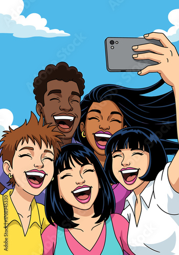 A joyful group of diverse young friends laughing together while taking a selfie with a smartphone, capturing a happy moment of connection