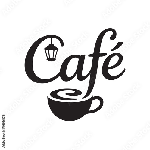Black cafe lettering with coffee cup and lantern graphic drink beverage