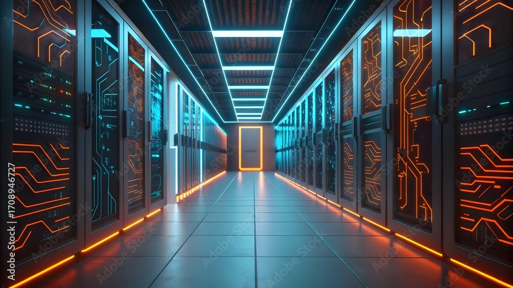 Fototapeta premium Futuristic Server Room Corridor with Glowing Neon Lights and Data Center Technology