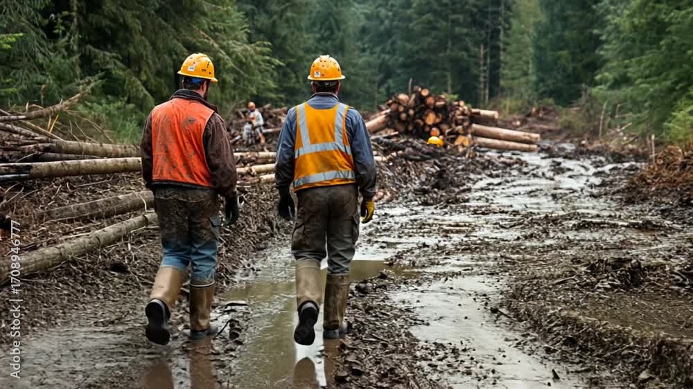 logging industry workers traverse a muddy path in the forest after ...