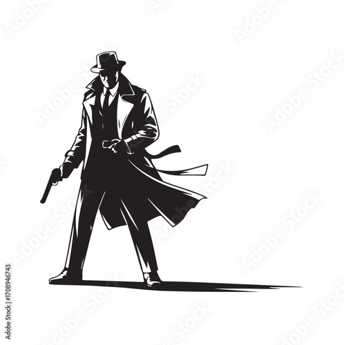 Silhouette of a man in a fedora and trench coat holding a handgun vector