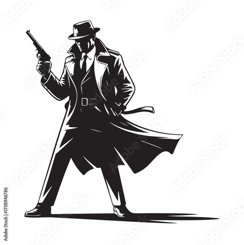 Black and white silhouette of a man in a trench coat and fedora holding a handgun fedora hat