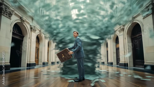 A businessman is engulfed by a surreal vortex of money in a grand hall, as the perspective warps and expands dramatically