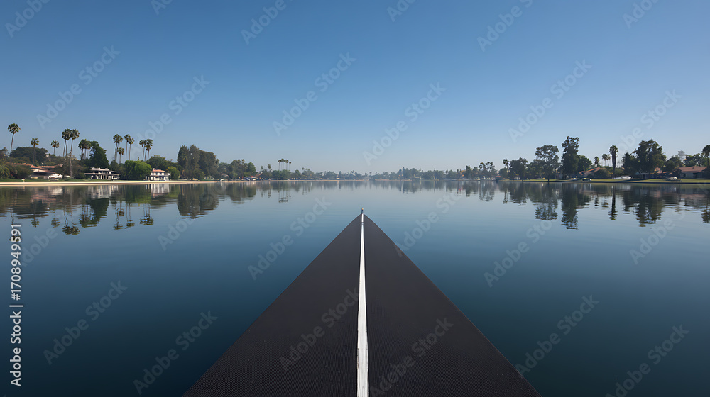 Fototapeta premium A road extending into a calm lake with clear reflections and palm trees along the shoreline under a blue sky