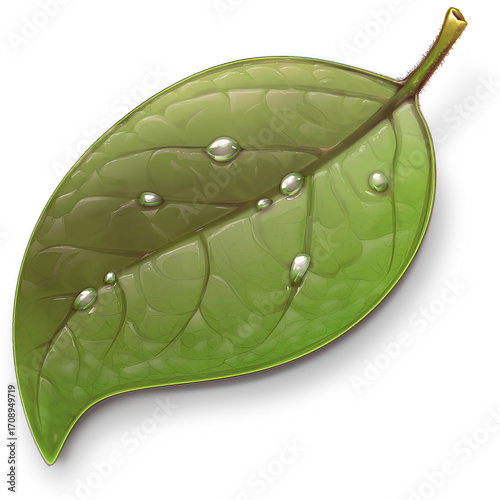 Green Leaf Illustration with Water Drops for Nature - Themed Design, Environmental Protection Materials, Plant - Related Creation
