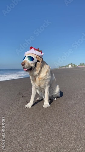 Labrador in sunglasses and Christmas hat sitting on the beach. The dog turns its head, and the festive hat slips off in a playful and funny moment.