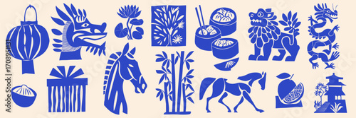Chinese new year icon set with horse, dragon, lantern, dumplings and traditional Asian symbols in hand drawn style