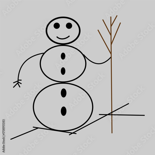 Snowman outline Vector. Simple figure icon. Gray background contrast. Winter season graphic.