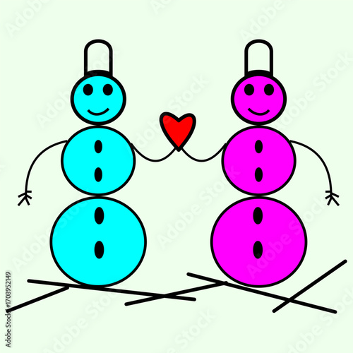 Snowman couple Vector. Red heart connection. Blue magenta characters. Love affection symbol.