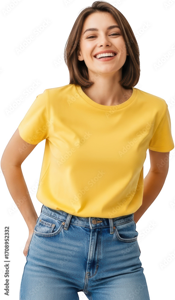 Obraz premium Smiling young woman with short brown hair wearing a yellow t shirt and blue jeans