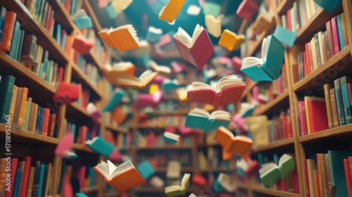 Vibrant 3D animation of colorful books flying around an abstract animated library interior with bookshelves representing education knowledge and the power of imagination