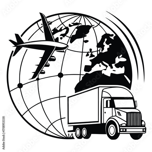 An airplane flies around a world globe with a truck below in silhouette