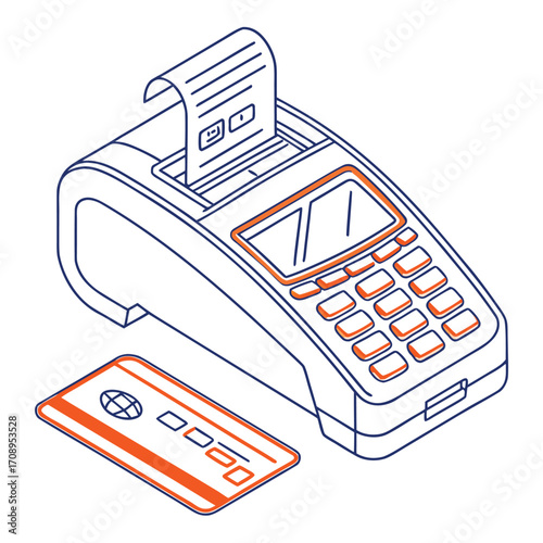 Card payment machine shows receipt with credit card in isometric view on white