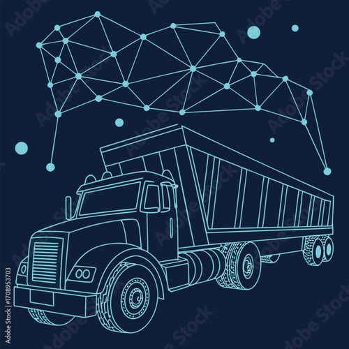 Outline of a cyan dump truck beneath a connecting network on dark blue