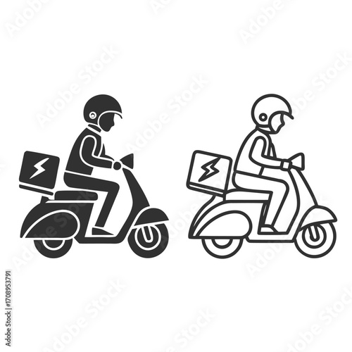 silhouette shows rider on scooter alongside a thin outlined version with transparent background