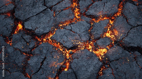 Molten lava seeps through cracked, dark grey earth, creating a fiery, textured surface with glowing orange and yellow hues.  The cracks are irregular, creating a fragmented pattern