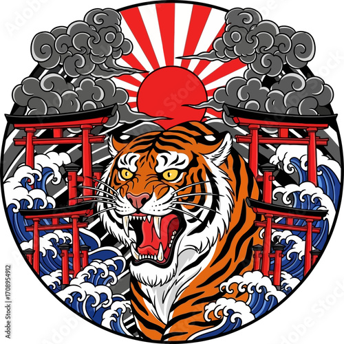 A fierce roaring tiger in a traditional Japanese art style with Torii gates, a rising sun, and stylized waves.