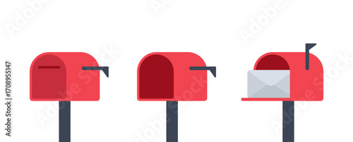 Red Mailbox Vector Icon Set. Post Office, Postbox, Envelope, Email, Newsletter, Letter, Message, Postal Stamp, Correspondence. Trendy Style Design, Simple Flat Vector Isolated Illustration on White.