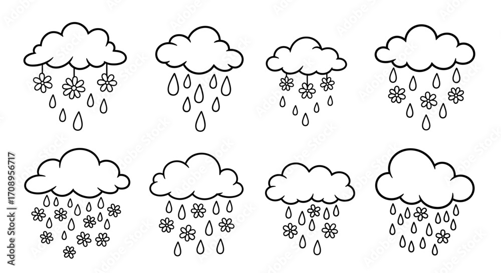Fototapeta premium Collection of eight cloud illustrations with rain and flower details in a row on a white page